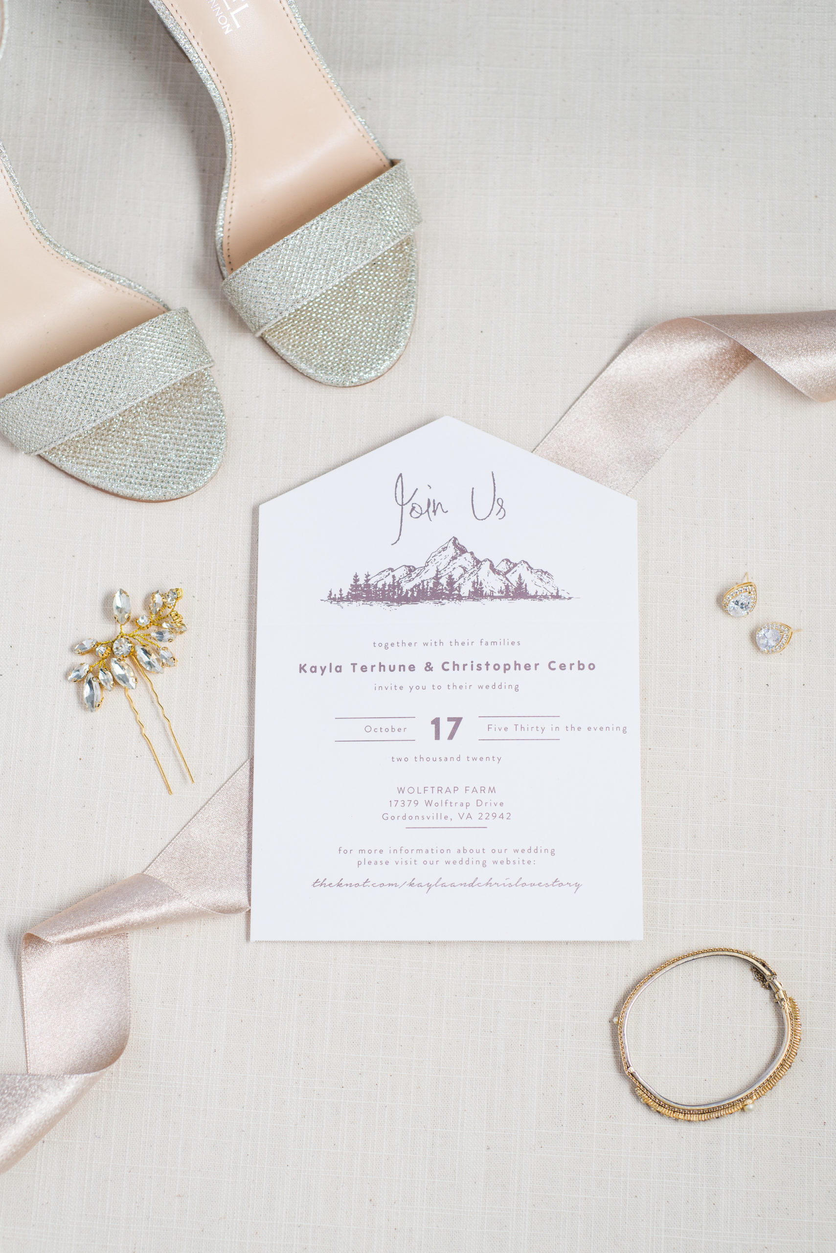 Flat Lay, invitation, bracelet, hair pin, earrings, wedding shoes, champagne color ribbon