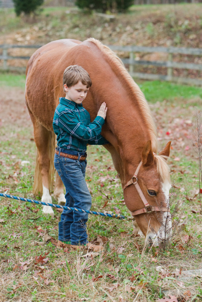 child petting horse