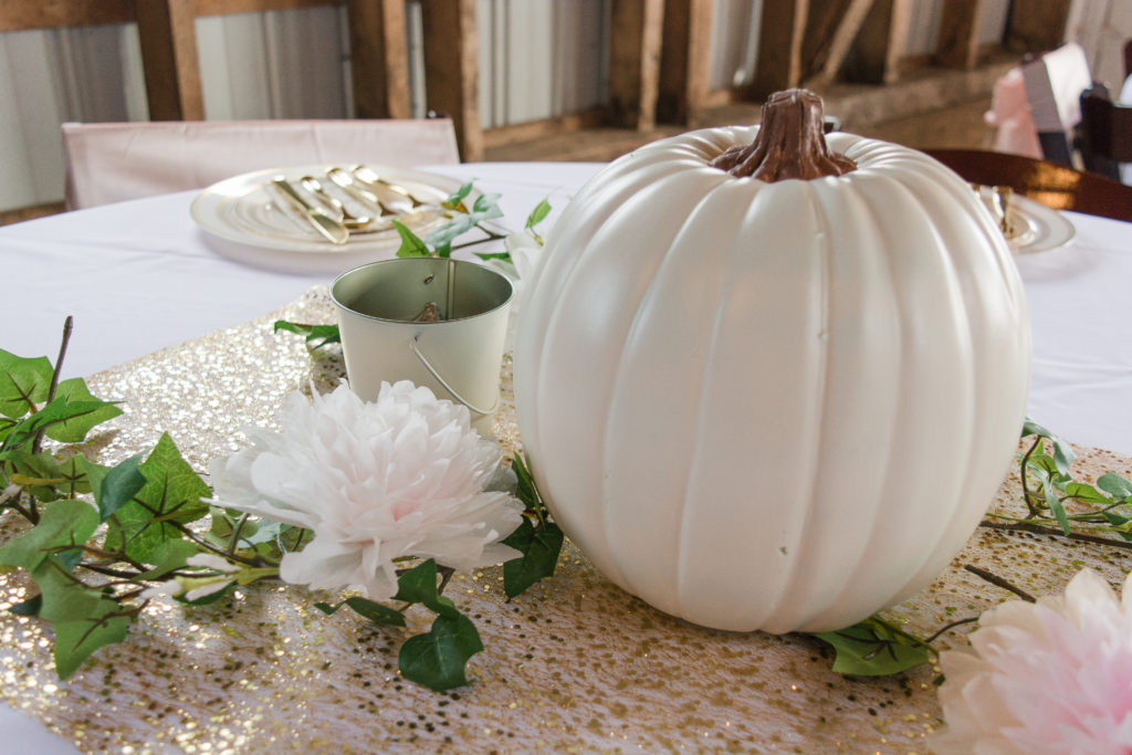 white pumpkin for rustic 
wedding reception tablescape