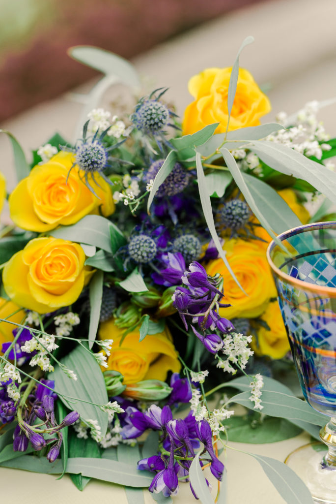 bridal bouquet for styled shoot - yellow and blue color scheme