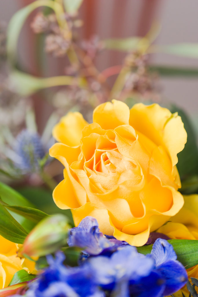 yellow rose from bridal bouquet at styled shoot