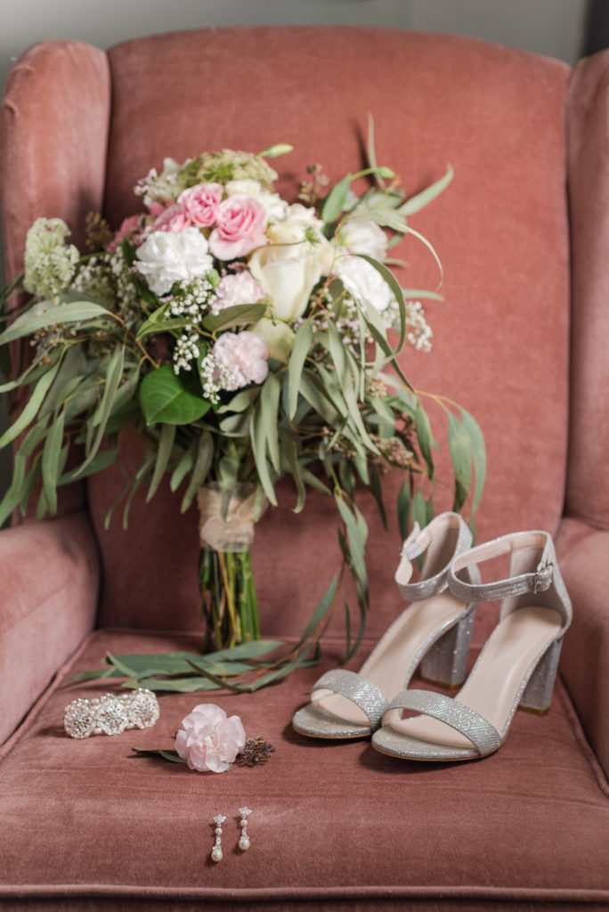 wedding bouquet, bridal shoes, bracelet, earrings & boutonniere