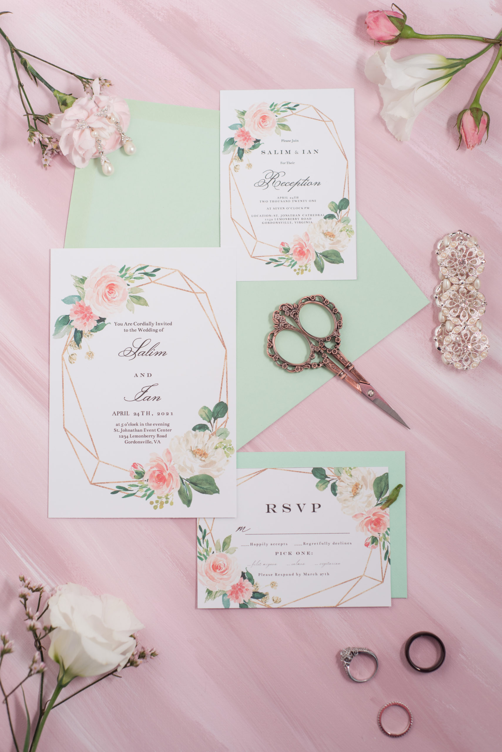 flaty lay with invitation suite for styled shoot