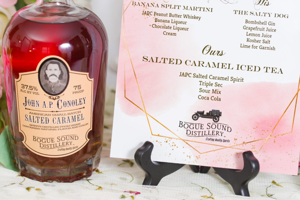 John A. P. Conoley Salted Caramel Whiskey and signature drink signage - Bogue Sound Distillery