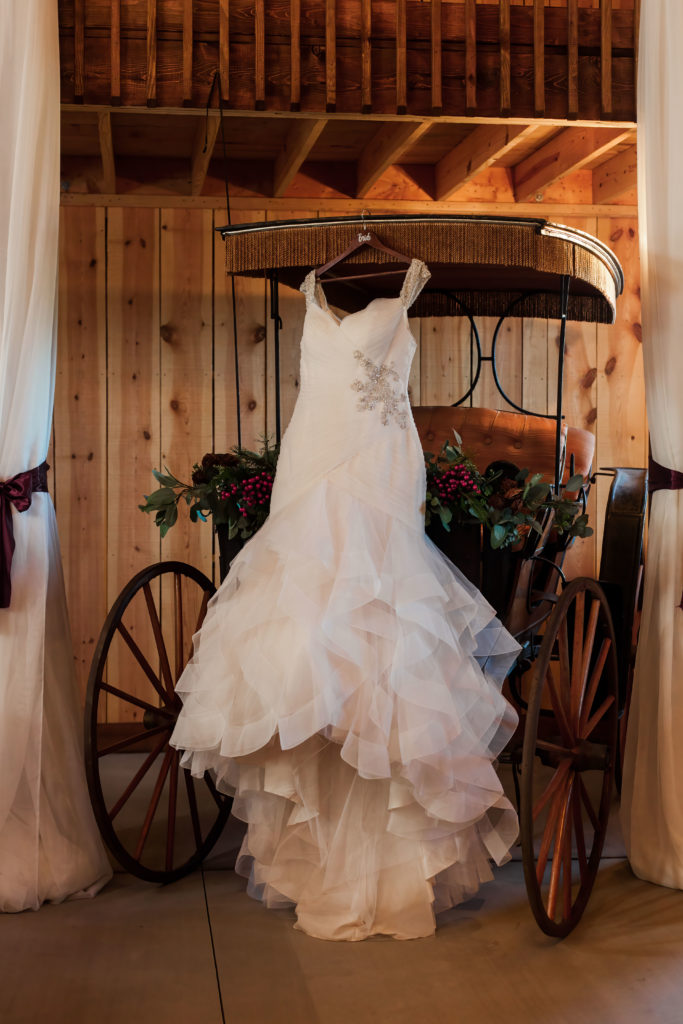 wedding dress hanging from antique horse drawn carriage at Wright Memorial Event Center