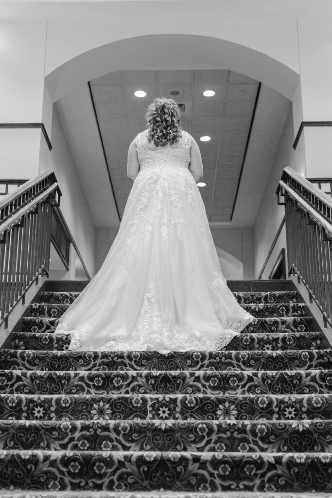 bridal portrait on the stairs at The Hotel Roanoke
