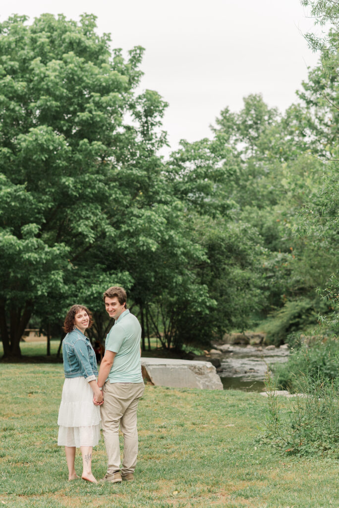 Couple Walking Engagement Session at Bold Rock Hard Cider, Nellysford, Virginia