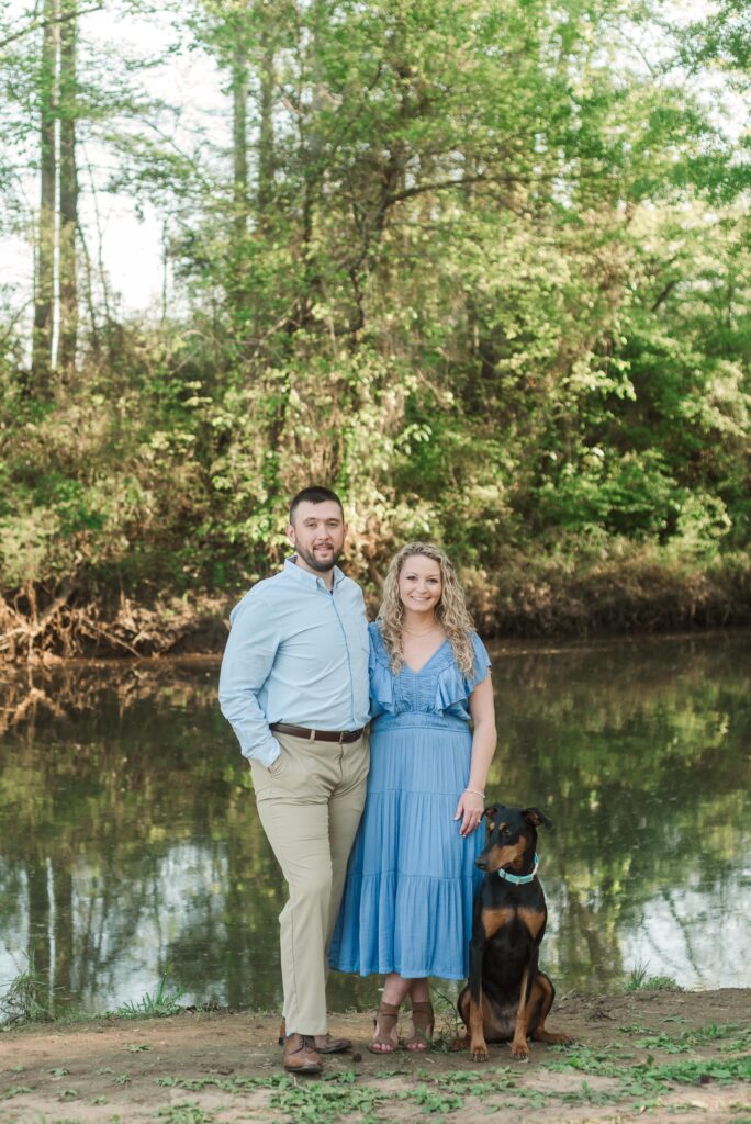engagement session at River Walk Park with Doberman Pinscher