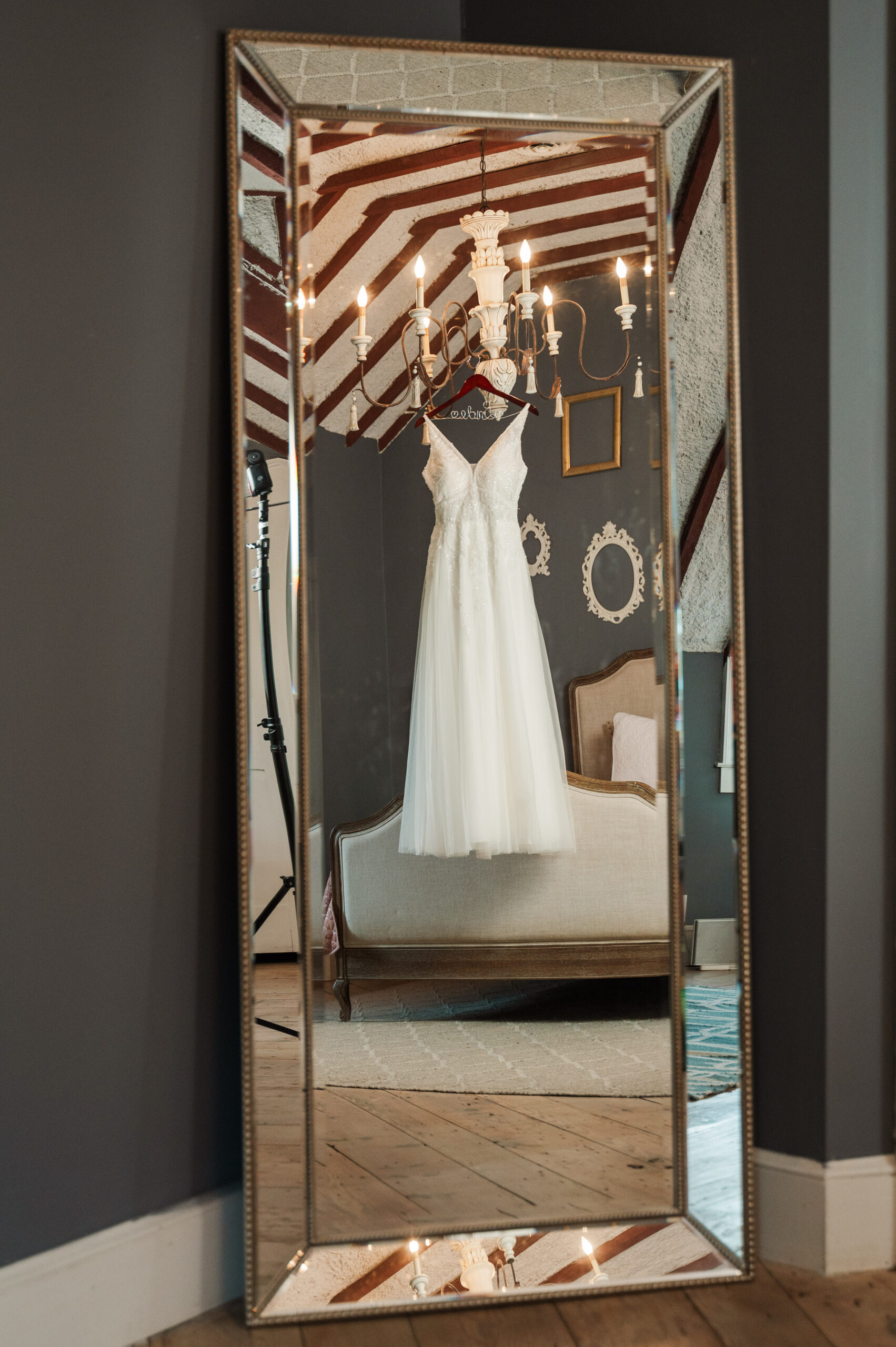 Wedding dress in mirror reflection 