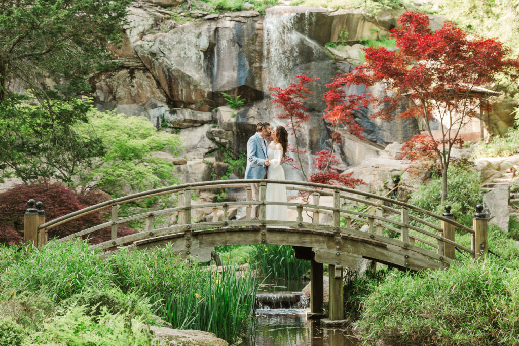 engaged couple at bridge in Japanese Garden, Richmond, Virginia