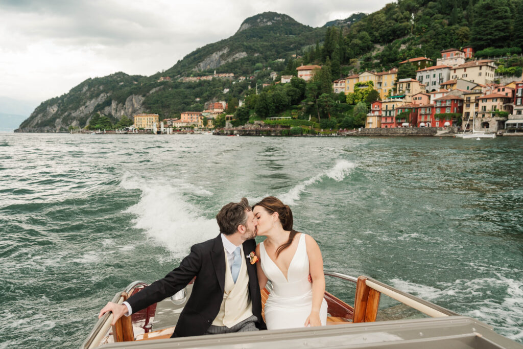 bride and groom portraits on boat, Lake Como, Italy