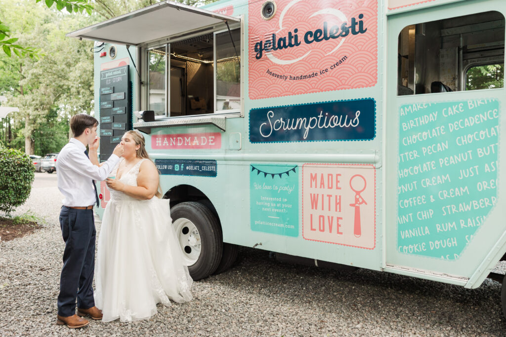 bride and groom at ice cream truck for wedding dessert