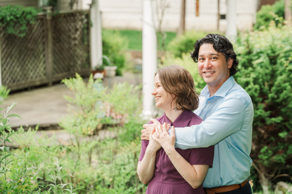 Chelsea and Alex at Alex’s mom’s house before their Huntley Meadows engagement photos.
