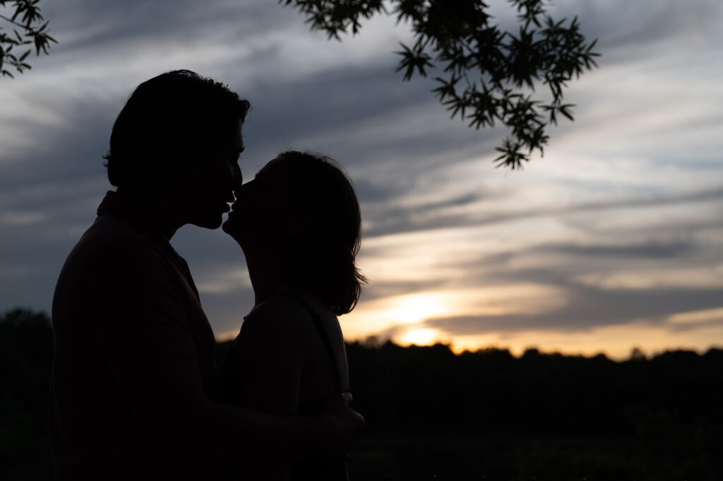 Sunset silhouette of Chelsea and Alex at Huntley Meadows, celebrating their engagement with a kiss.