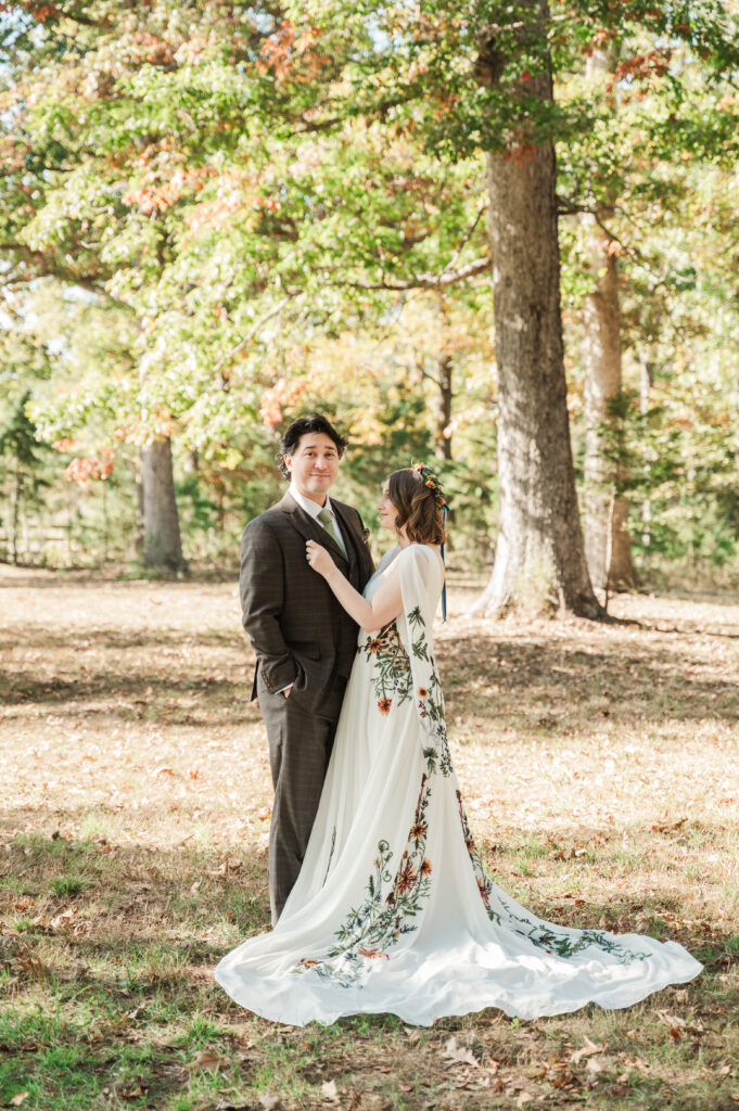 bride & groom portraits under the tree canopy at Knight's Gambit Vineyard