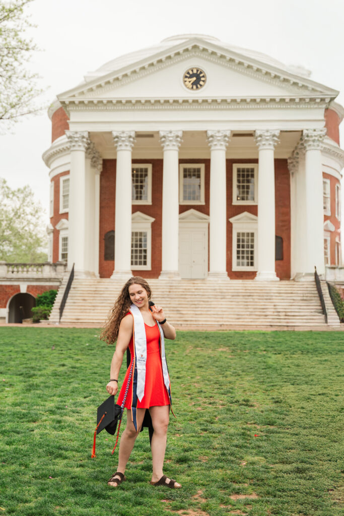 Emily walking on the Lawn in front of the Rotunda at UVA