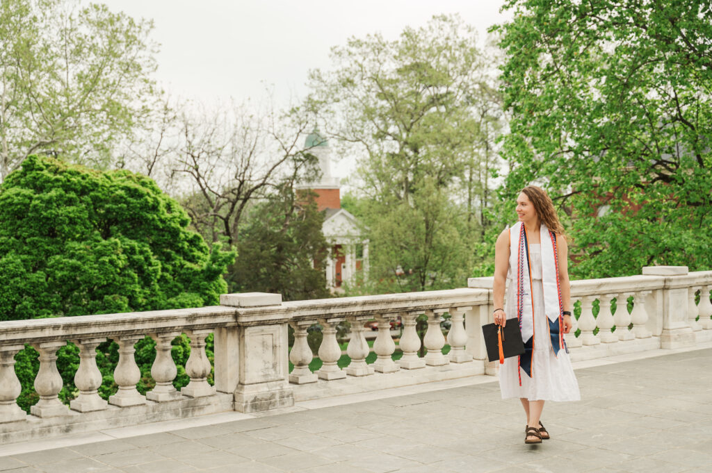 Emily walking on terrace at UVA