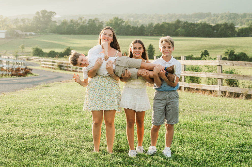 grandchildren creating their own silly poses during extended family session in Elkton Virginia