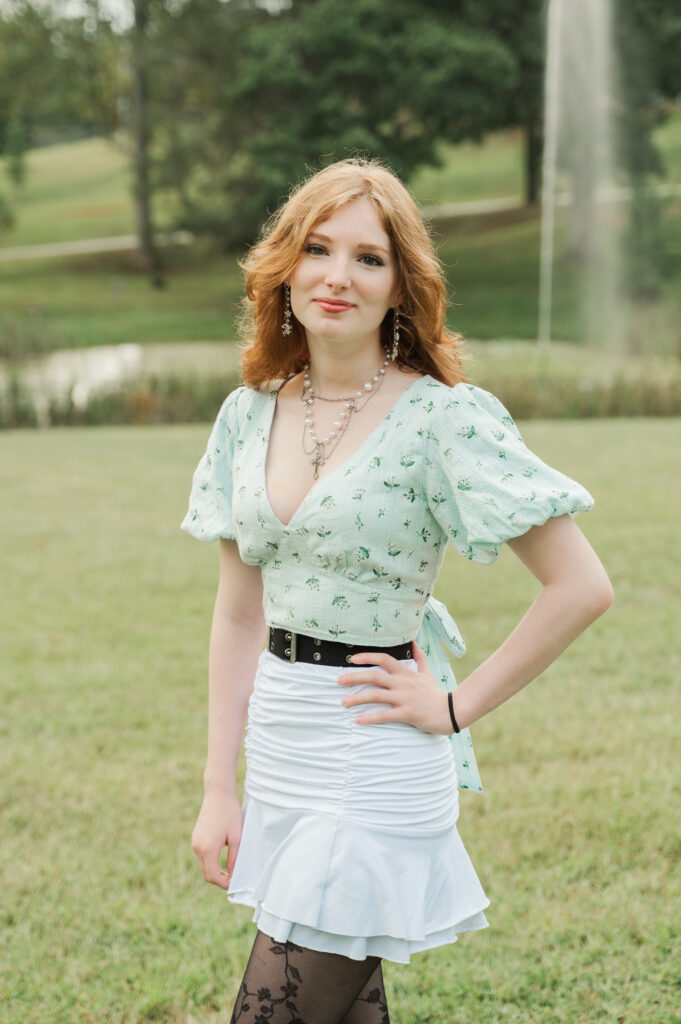 Raichyl in front of the fountain at  Miller School of Albemarle