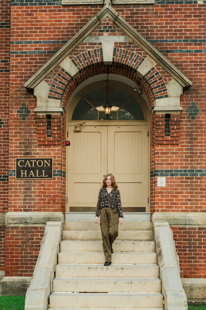 Raichyl walking down the steps at Caton Hall at Miller School of Albemarle