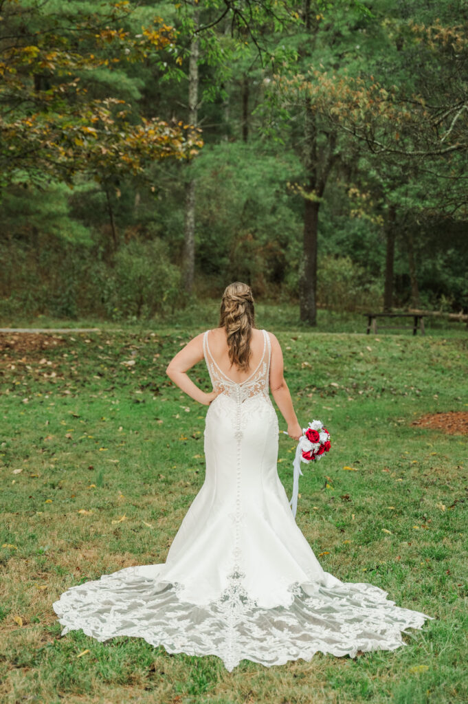 portrait of the back of the wedding gown during bridal session
