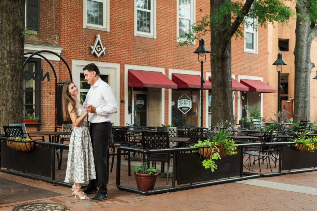 couple dancing together in front of  Charlottesville Masonic Temple 