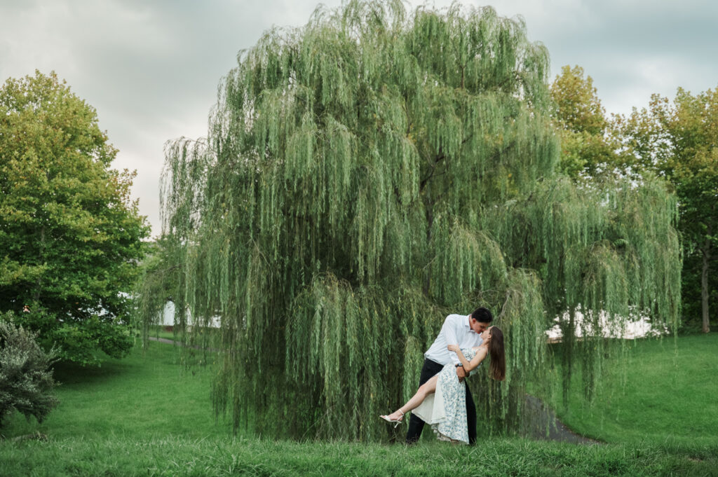 Alex dipping Kara in front of Weeping Willow in Park at Pantops