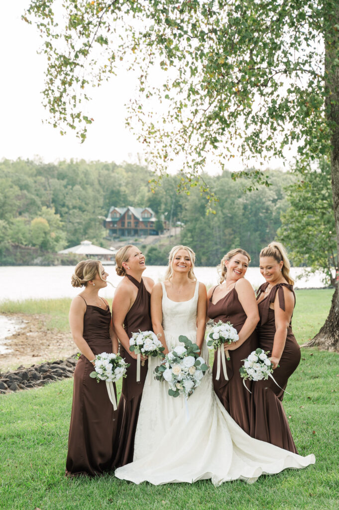 bride with bridesmaids lakeside at Lake Anna