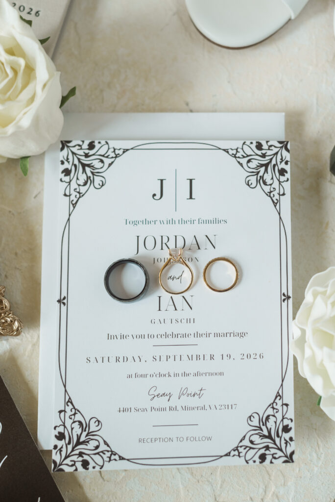 wedding invitation with wedding rings laying on it