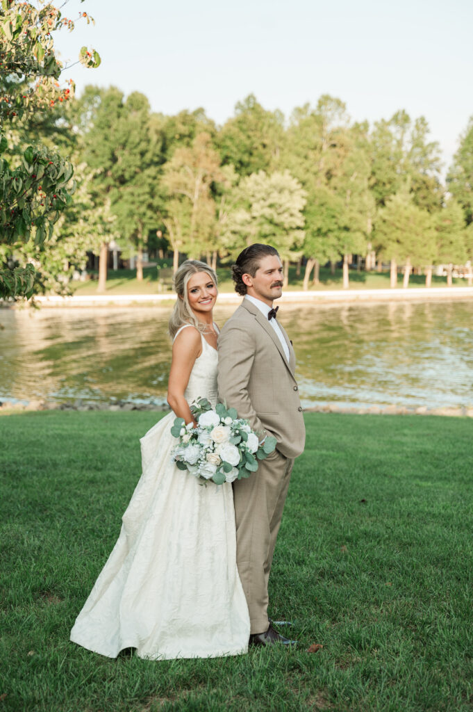 bride and groom lakeside at Seay Point