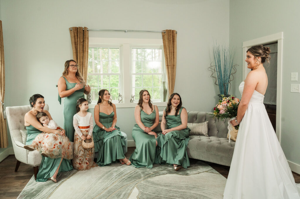 bride and bridesmaids first look