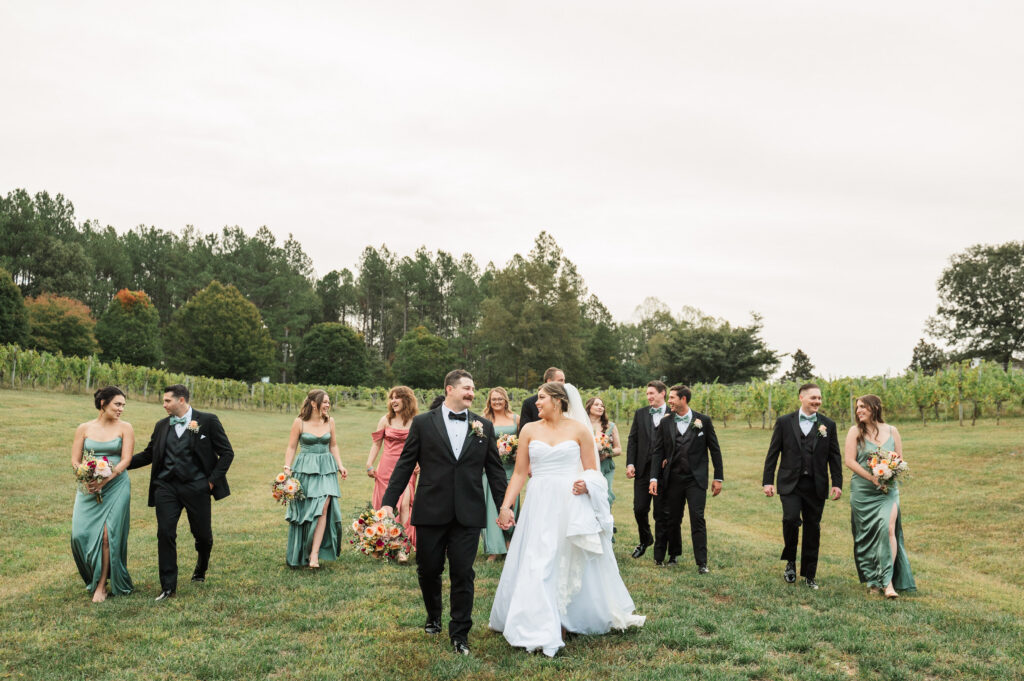 wedding party with bride and groom